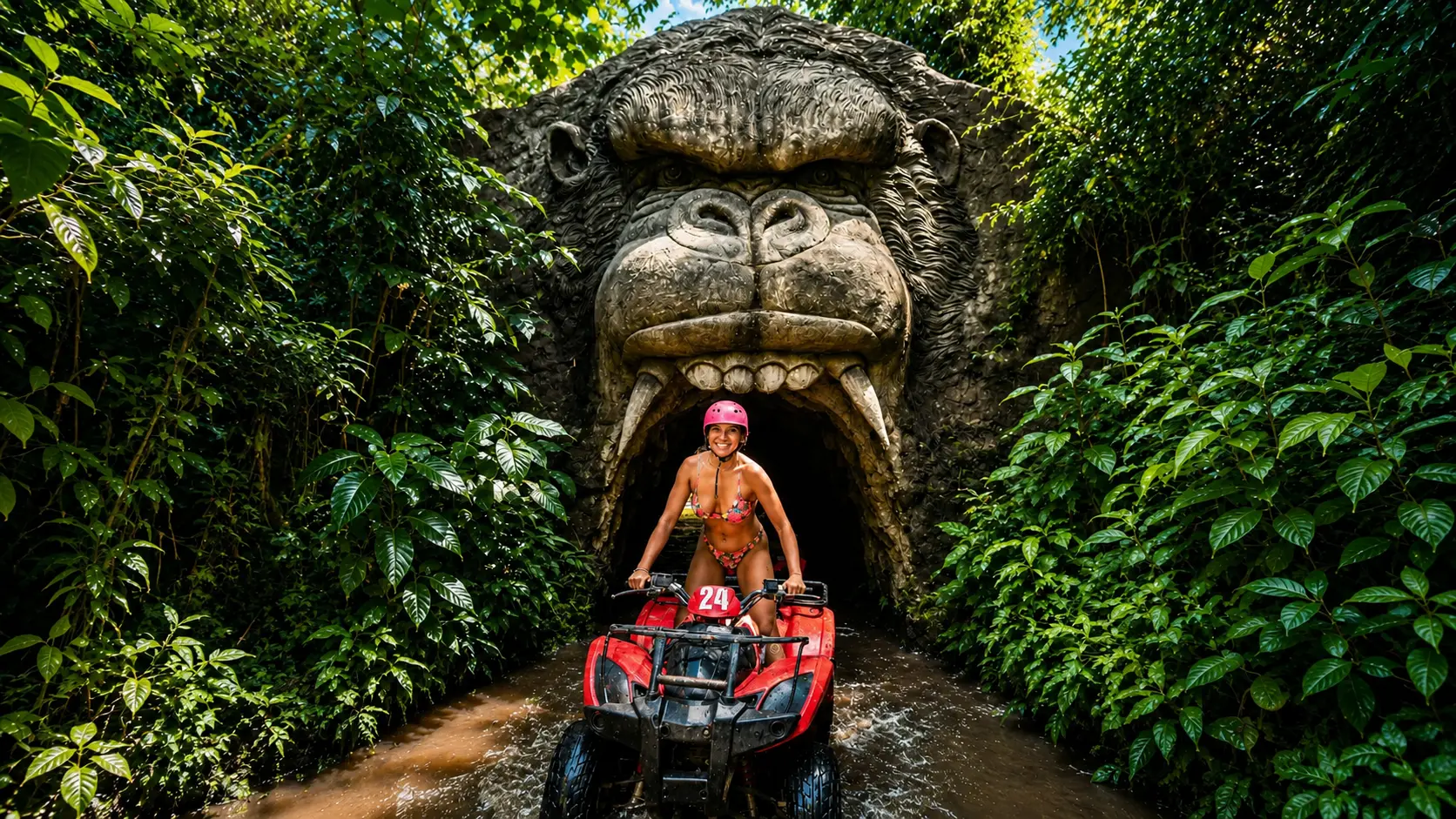 Rider emerging from a stone gorilla head tunnel on a Quad ATV Bali tour
